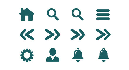 A collection of simple teal-colored vector icons on a white background, representing actions and UI navigation. Includes a home, search, menu, arrows, settings, user, and notification bells