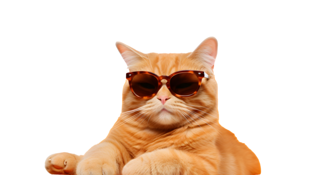 Cool orange tabby cat wearing stylish sunglasses looking directly at camera isolated on transparent background