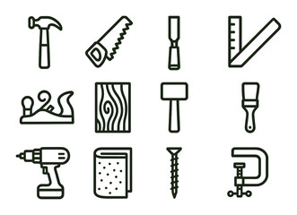 Obraz premium Collection of various hand and power tools icons for carpentry and woodworking