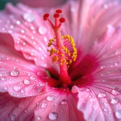 Pink hibiscus blossom with water droplets, close up