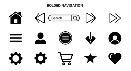 A set of black and white bolded navigation icons. Includes a house, arrows, search bar, menu, person, gear, cart, star, and heart