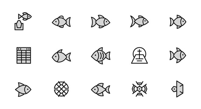 A collection of simple, stylized icons. Themes fish, table, structure, and other geometric shapes with a consistent black outline, gray fill, and a minimal design approach
