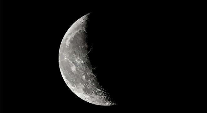 A detailed illustration shows the crescent moon against a stark black background. The moon's textured surface reveals craters, varying shades of gray, and its characteristic curved shape