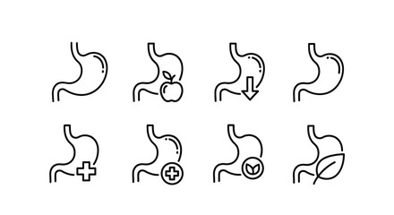 A collection of simple black line drawings depicting stomach health and digestive processes. The illustrations cover various aspects, including digestion, food intake, and healthy choices for the gut
