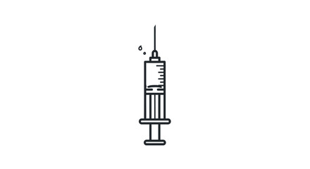 A simple, black-and-white line drawing depicts a medical syringe against a stark white backdrop. The needle points upwards, with liquid droplets. The design includes scale markings on the barrel
