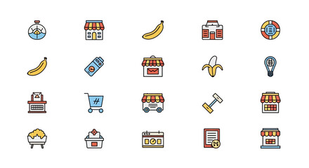 A set of colorful flat icons depicts various objects. Includes fruits, shops, cart, dumbbells, a calendar, stopwatch, life preserver and other miscellaneous things