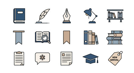 A set of simple, colorful vector illustrations featuring objects related to education, healthcare, and retail. Includes books, writing tools, and medical symbols