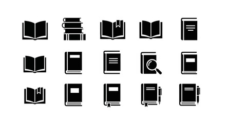 A collection of black and white book icons, encompassing open and closed books, stacks, and details like bookmarks and magnifiers. Simple design for diverse applications