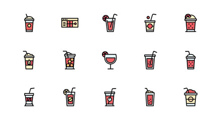 A grid of colorful icons showcasing various beverages and a ticket. The designs use a simple, flat style with black outlines. Straws and garnishes add detail