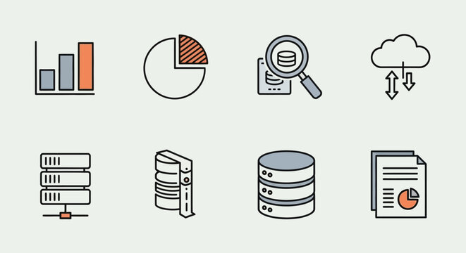 Collection of stylized data and information icons. Includes charts, databases, cloud, and documents. Simplified and flat design with a limited color palette