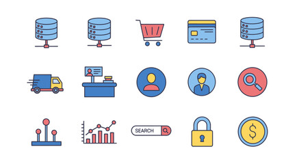A collection of simple, colorful icons representing various digital and business concepts. Icons include servers, carts, cards, users, search, graphs, lock, and coins