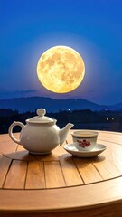 Tea, moon, and mountains. Serene night scene