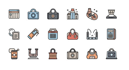 A collection of simple, colorful icons featuring various objects like cameras, bags, a building, a calculator, a can, and a U-shaped magnet, all with a clean, vector-style design