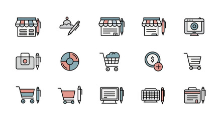Set of colorful, flat-style icons featuring business and office related symbols like shops, carts, pens, and a computer.  Includes financial and data analysis elements