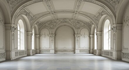 Fototapeta premium Empty square room with classic architecture featuring archs. Gypsum fretwork on the wall