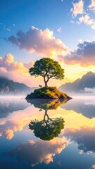 Lone tree on island, tranquil water reflecting sky colors