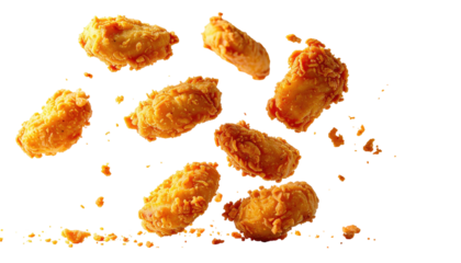 Crispy, golden fried chicken nuggets falling against dark background