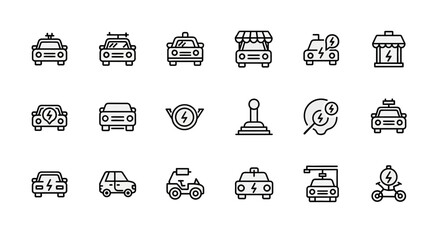 A collection of simple, black and white line icons showcasing electric vehicles and charging infrastructure. The designs include cars, a charger, and related symbols, all conveying electric mobility