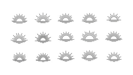 Diverse linear sun graphic elements for sunrise, sunset, and celestial themed projects