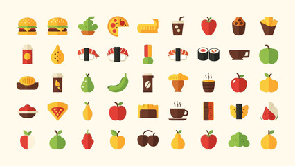Vibrant Culinary Collection Flat Design Icons Representing Diverse Food and Beverage Delights