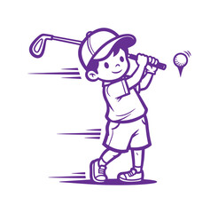 Fototapeta premium Young boy swinging golf club hitting ball on a tee vector illustration