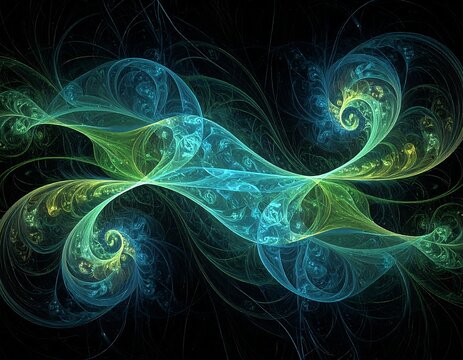 An abstract, symmetrical composition. Swirling, fractal-like patterns of teal, green, and yellow interweave in a dynamic, eye-catching design - Powered by Adobe