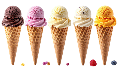 Five colorful ice cream scoops on waffle cones