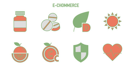 Colorful, geometric icons depicting health and wellness concepts, likely for an e-commerce platform. Includes pills, vitamins, fruit, a sun, shield, and a heart. A  "E-CHOMMERCE" is at the top