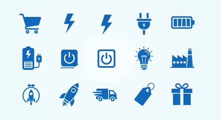 A collection of blue icons on a light background. Features cart, lightning, plug, battery, power, light bulb, factory, timer, rocket, delivery truck, tag and gift box