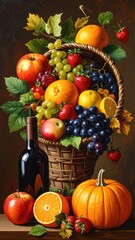 Still life fruit basket, wine bottle, pumpkin