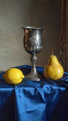 Still life silver goblet, lemon, pear, blue cloth
