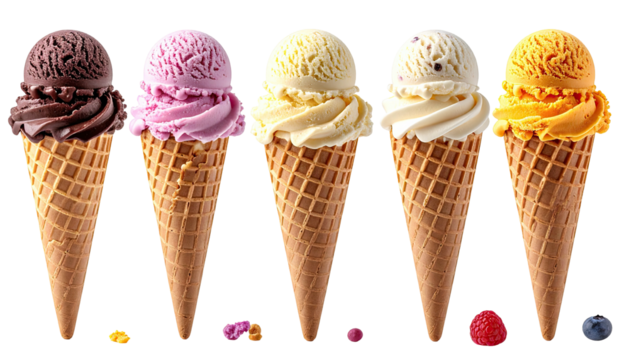 Five colorful ice cream scoops on waffle cones