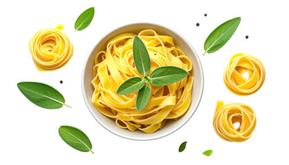 Pasta nests with sage sprigs in a white bowl, on black