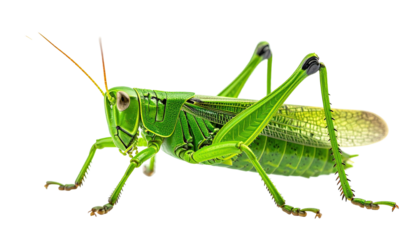 Vivid green grasshopper, detailed, isolated on black background