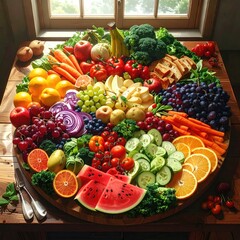 Circular arrangement of fresh, vibrant fruits and vegetables
