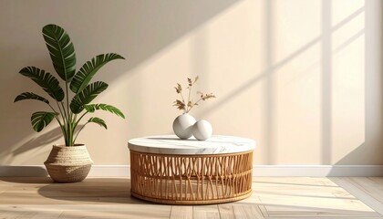 Bright minimalist room with plants and a wicker coffee table