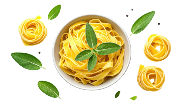 Pasta nests with sage sprigs in a white bowl, on black