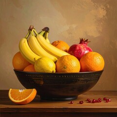 Fruit bowl oranges, bananas, lemon, pomegranate