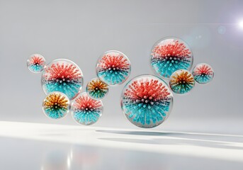 Floating spheres with red and blue virus-like structures inside, against a white background.