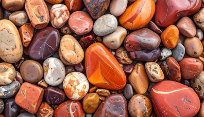 Close-up view of smooth, multicolored stones, varied sizes and shapes