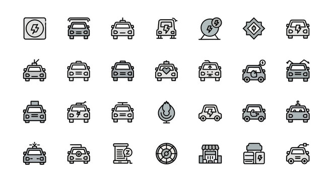 A grid of stylized icons featuring cars and electric symbols. Various vehicle representations, charging stations, and energy-related graphics create a cohesive theme, set against a white background