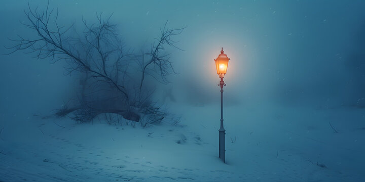 Illuminated street lamp casts a warm glow against the cold, blue-toned backdrop of a snowy, foggy winter landscape, evoking feelings of solitude and tranquility amongst the bare trees. - Powered by Adobe