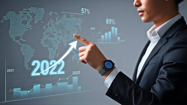 Business growth forecast for 2022, pointing to success on world map