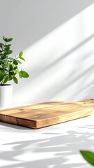 Wooden board by plant, light shadows on white background