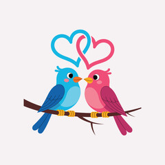 Two cute cartoon birds blue and pink sitting on a branch with intertwined hearts above love romance vector illustration.