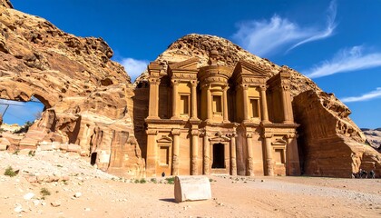 Ancient facade carved into sandstone, under a bright blue sky