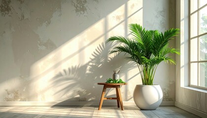 Plant near window casts shadows on textured wall; cozy room