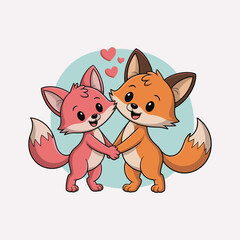 Two cute cartoon foxes one pink one orange holding hands with hearts above them on a light blue circle background.