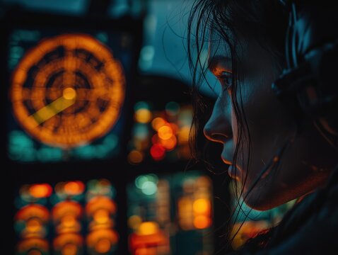 Intense focus on the future of flight with a woman in a cockpit, exploring advanced technology with determination and skill, a modern aviation pioneer