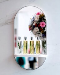 Four glass bottles containing clear and golden liquids with green sprigs are displayed on a shelf, reflected in an arched mirror.